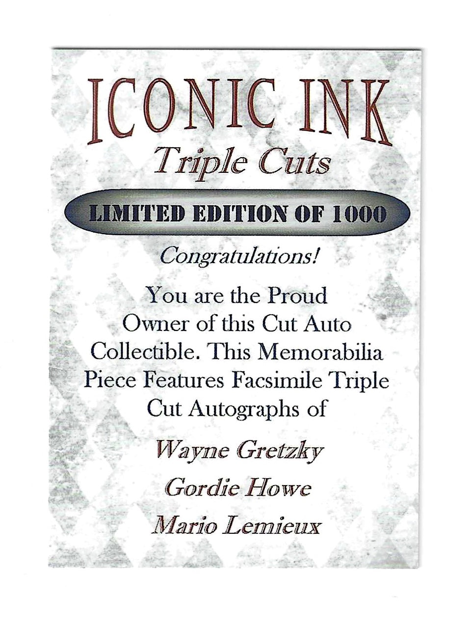 Wayne Gretzky Gordie Howe Mario Lemieux Iconic Ink Facsimile Autographs Limited To 1000 made