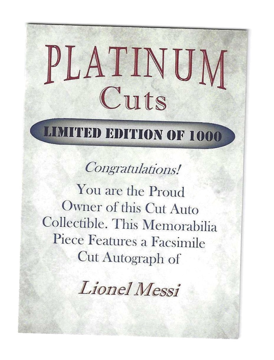 Lionel Messi Platinum Cuts Autograph Facsimile Card Limited to 1,000 Made