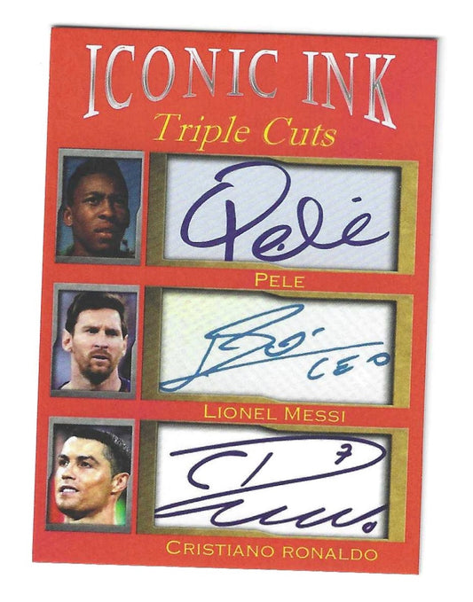 Pele, Lionel Messi, Cristiano Ronaldo Iconic Ink Triple Cuts Card Facsimile Auto